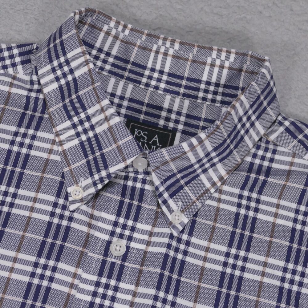 Jos A Bank Button Up Shirt Men Large Traditional Blue Brown Plaid Long Sleeve